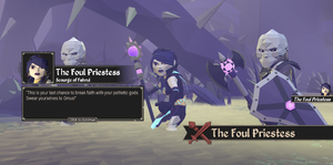 Game screenshot of the Foul Priestess and her henchmen (two chaos warriors) at the beginning of combat